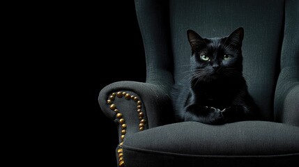Poster - Playful black cat resting elegantly on an armchair with ample copyspace for text in a dark moody setting