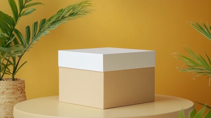 Poster - Cardboard Box Package on Minimalist Table with Tropical Plants for Product Delivery and Shipping Presentation
