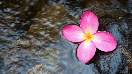 Aufkleber - Serene Pink Frangipani Flower Floating on Water Surrounded by Rocks Representing Natural Beauty and Tranquility in a Calm Setting