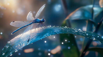 Dragon perched on green leaf with water droplets and dragonfly resting on dew-covered surface in natural setting