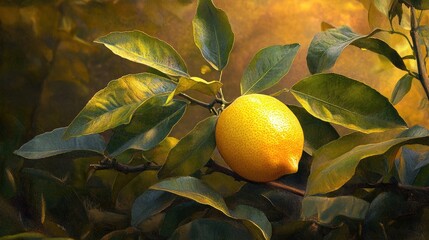 Poster - Ripe yellow lemon hanging from a tree branch surrounded by lush green leaves in soft natural light setting