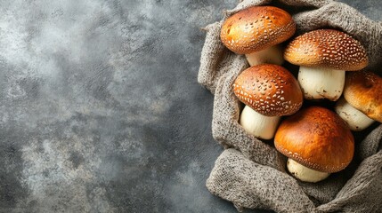 Poster - Delicious Boletus edulis mushrooms arranged in a cozy textured fabric on a rustic background showcasing their natural beauty and color.