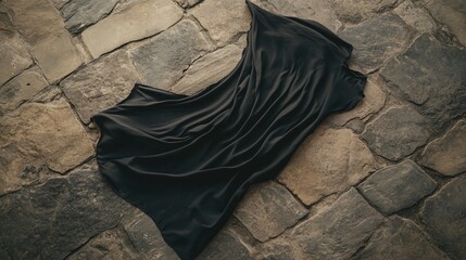 Poster - Black fabric draped on stone floor evoking a minimalist flag design enhancing rustic texture and aesthetic contrast