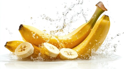 Poster - Bananas splashing in water creating dynamic ripples against a clean white background showcasing freshness and vitality