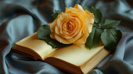 Poster - Elegant open book adorned with a yellow rose placed on luxurious silk fabric background creating a serene and romantic atmosphere.