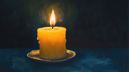 Poster - Yellow candle with a flickering flame illuminating a dark background creating a tranquil and serene ambiance for relaxation and meditation.