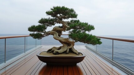 Aufkleber - Tranquil Bonsai Juniper Tree on Deck Overlooking Serene Ocean Landscape