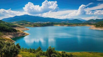 Poster - Scenic view of a tranquil large reservoir surrounded by mountains and lush greenery under a vibrant blue sky with fluffy clouds.