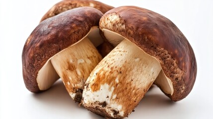 Poster - Fresh boletus edulis mushrooms displayed on a clean white background showcasing their natural beauty and rich earthy colors.
