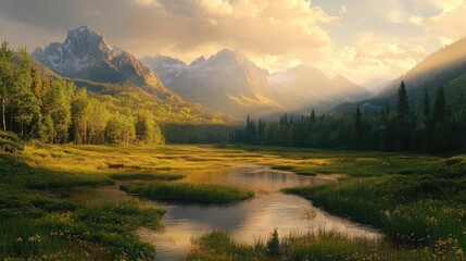 Aufkleber - Serene mountain landscape with lush greenery and a calm river reflecting golden sunset hues in a picturesque natural setting.
