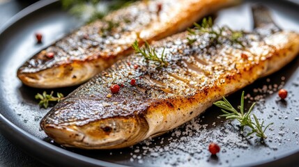 Aufkleber - Deliciously plated roasted trout garnished with herbs and spices on a rustic black plate perfect for gourmet meal presentations.