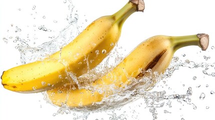 Poster - Bananas splashing in water creating dynamic motion against a clean white background for fresh fruit imagery