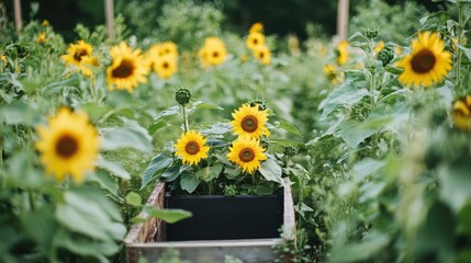 Aufkleber - Black box surrounded by vibrant sunflowers and lush green foliage in a serene garden setting