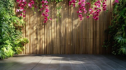 Aufkleber - Bamboo wall adorned with pink orchids and lush greenery creating a serene outdoor backdrop for tranquil settings and natural decor.