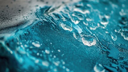 Poster - Macro Photography of Water Droplets on a Sealed Swimming Pool Surface Reflecting Light and Colorful Textures
