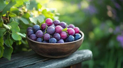 Poster - Bowl of vibrant purple fruit compote resting outdoors surrounded by lush greenery and soft natural light