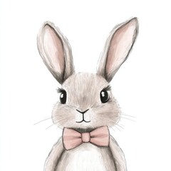 Poster - Charming rabbit illustration featuring a cute rabbit wearing a pink bow tie set against a simple white background. Generative AI