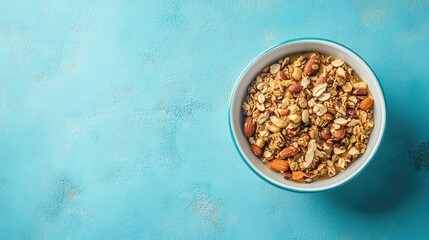 Poster - Bowl of granola with mixed nuts on a vibrant blue background showcasing healthy snack options and clean aesthetics