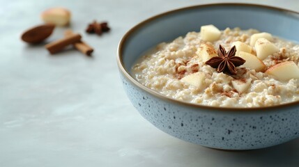 Poster - Bowl of oatmeal topped with apples and star anise showcasing a nutritious breakfast with subtle elegance and ample space for text.