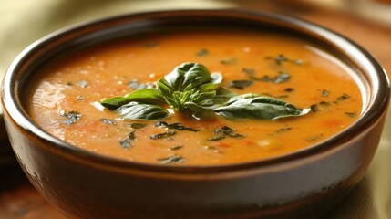 Poster - Bowl of rich tomato soup topped with fresh basil leaves on a wooden table ideal for food photography and culinary presentations