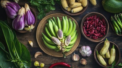 Poster - Banana flower and fresh vegetables in Thai cuisine colorful arrangement on rustic wooden table background
