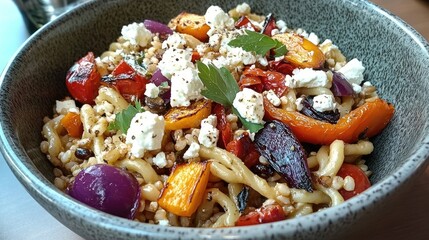 Poster - Vibrant bowl of traditional grain salad featuring strozzapreti pasta, feta cheese, and a medley of roasted vegetables