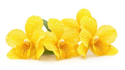 Poster - Vibrant yellow Vanda orchids with water droplets on white background showcasing natural beauty and elegance in floral arrangement