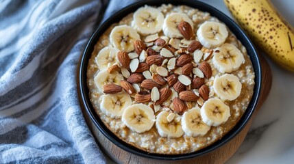 Poster - Bowl of oatmeal garnished with fresh banana slices and almonds on a wooden serving board with a banana in the background
