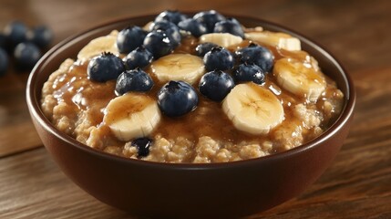 Poster - Nutrient-rich oatmeal bowl garnished with fresh blueberries and banana slices drizzled with syrup on a rustic wooden table