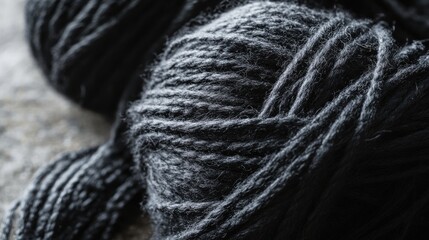 Poster - Macro shot of intertwined black wool threads creating a textured background on a grey surface for crafting and textile design concepts.