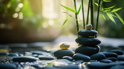 Poster - Bamboo plants with healing stones in a serene natural setting promoting wellness and tranquility in a calming atmosphere