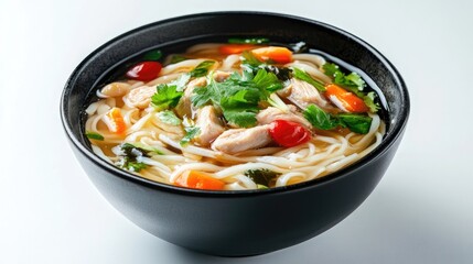 Poster - Rice noodles with chicken and vegetables in black bowl on white background showcasing vibrant ingredients and appealing presentation