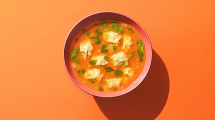 Poster - Colorful bowl of wonton soup garnished with green onions against vibrant orange backdrop capturing a delicious culinary experience