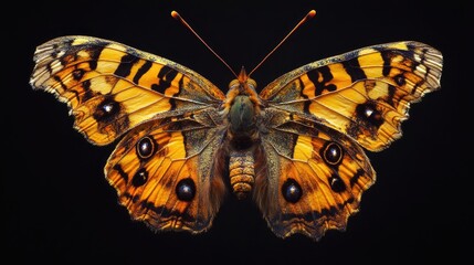 Poster - Colorful close-up of Boloria titania butterfly with intricate wing patterns on black background showcasing nature's beauty and detail.