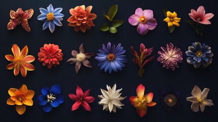 Poster - Diverse Flower Shapes Collection Showcasing Colorful Floral Designs on Dark Background