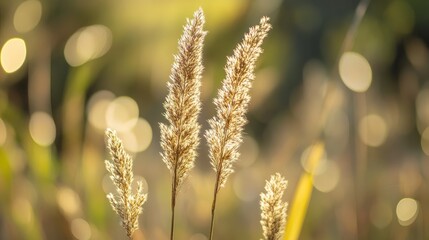 Poster - Golden grasses illuminated by soft bokeh lights in a serene natural background creating a tranquil and dreamy atmosphere.