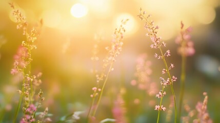 Aufkleber - Soft floral bokeh with delicate pink flowers illuminated by golden sunlight creating a dreamy springtime atmosphere.