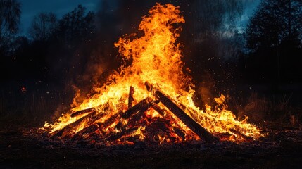 Poster - Fiery bonfire blazing at dusk with vibrant flames and burning logs illuminating the dark surroundings in a dramatic outdoor setting.