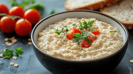 Poster - Bowl of creamy oatmeal topped with fresh tomatoes and herbs alongside bread and cherry tomatoes on a dark textured background