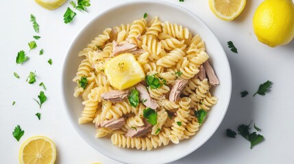 Poster - Fresh Tuna Pasta Salad with Lemons and Herbs on a White Background for Vibrant Culinary Presentation and Healthy Eating Concepts