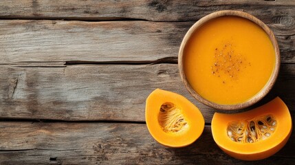 Poster - Pumpkin soup in wooden bowl on rustic table with fresh pumpkin slices Healthy comfort food background with copy space