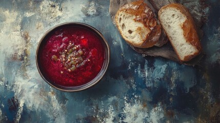 Poster - Bowl of vibrant red borscht with multigrain bread on a textured tabletop for a rustic culinary scene