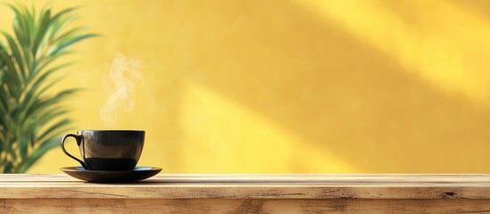 Poster - Steam Rising from Black Coffee Cup on Table with Bright Yellow Background and Ample Copyspace for Text or Branding Elements