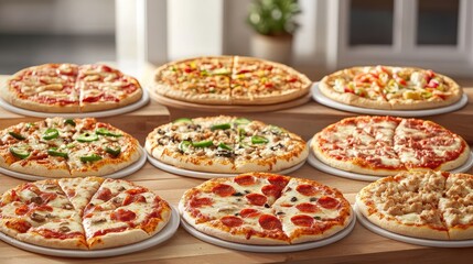 Poster - Assorted gourmet pizzas displayed on wooden table showcasing diverse toppings and textures perfect for promoting Italian cuisine.