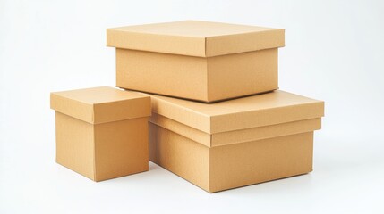 Poster - Cardboard storage boxes of varying sizes stacked on a white background with ample empty space for branding or text placement.