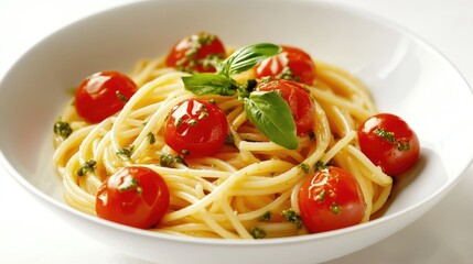 Poster - Bowl of Pesto Pasta with Fresh Cherry Tomatoes and Basil Garnish on a Light Background