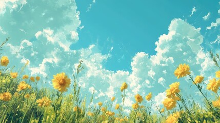 Poster - Vibrant field of yellow flowers under a bright blue sky with fluffy white clouds creating a serene and cheerful atmosphere
