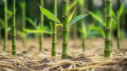 Poster - Bamboo shoots emerging in an organic agriculture garden on a straw-filled ground showcasing sustainable farming practices and growth.