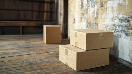 Poster - Cardboard boxes stacked on wooden floor against rustic interior wall in cozy indoor setting