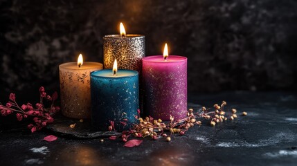 Poster - Colorful candles with flames on a dark background surrounded by dried flowers and decorative elements for a cozy atmosphere